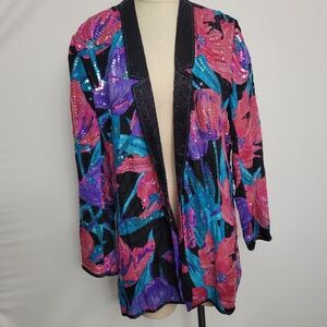 VTG Judith Ann Creations Silk Sequin Open Dinner Jacket Beaded  80s Fit Sz Small